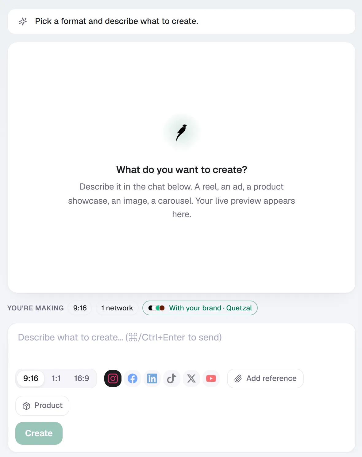 Quetzal Create studio with a brief box, aspect ratios and network picker