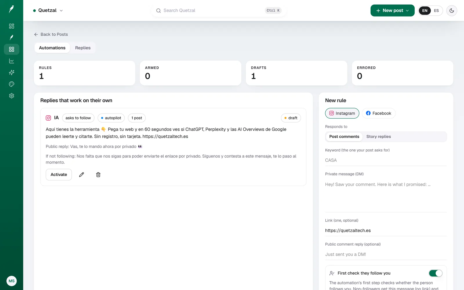 Quetzal automation that answers an Instagram comment keyword with a direct message