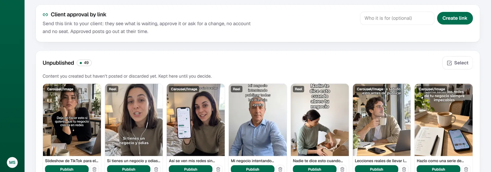 Quetzal approval queue with a client approval link and unpublished posts