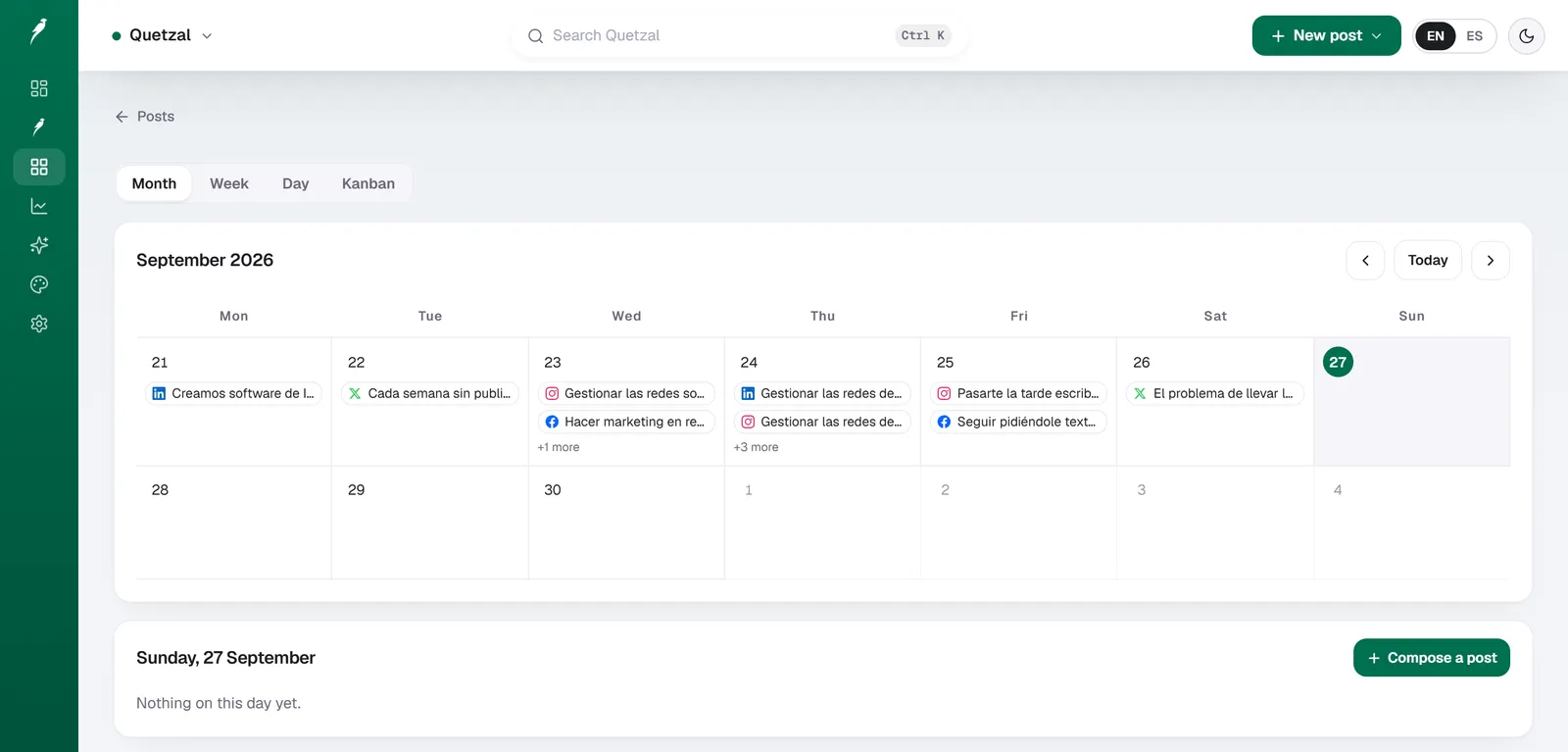 Quetzal content calendar showing a month of scheduled posts across LinkedIn, X, Instagram and Facebook