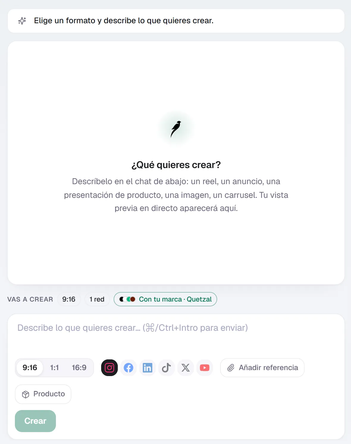 Estudio Crear de Quetzal con la caja de brief, formatos y selector de redes