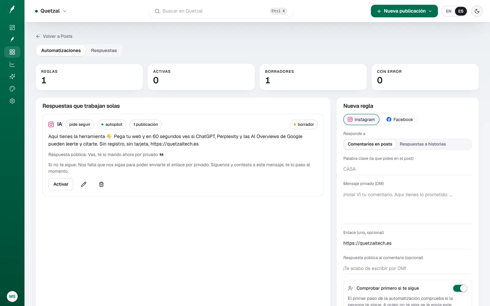 Automatización de Quetzal que responde a una palabra clave en comentarios de Instagram con un mensaje directo